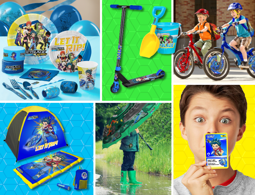 Product vision featuring various Beyblade Burst licensed products: plates, scooter, bikes, tents, umbrellas.