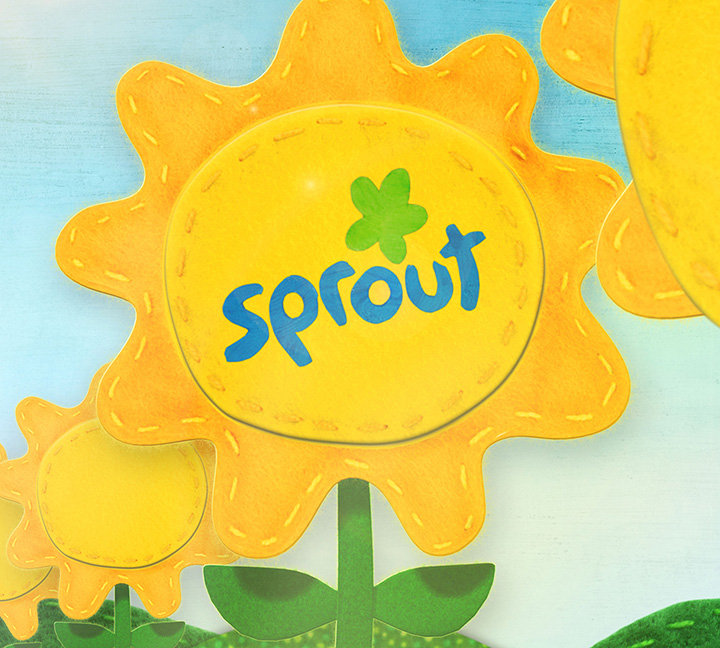 Illustrated Sprout Channel logo on flower for children's television network brand licensing style guides.