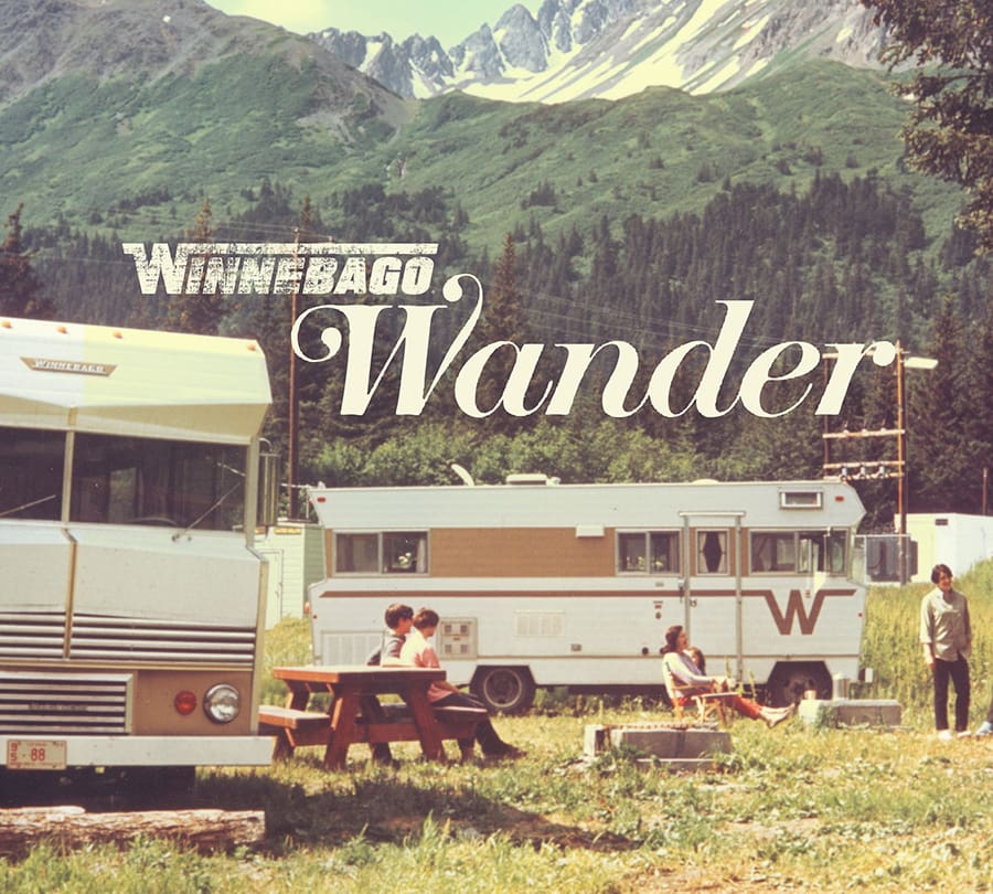 Winnebago "Wander" wordmark over travelers in the 1970s for automaker brand licensing style guide.