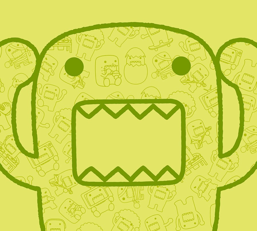 Domo illustrated in green for cartoon character brand packaging and licensing style guide.