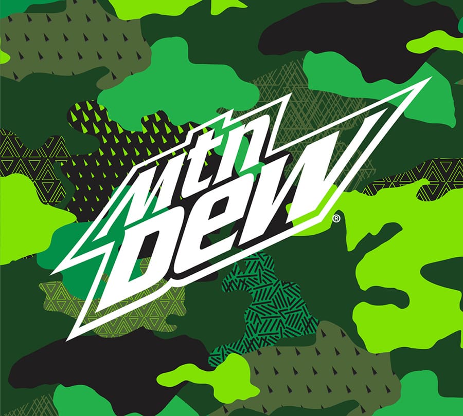 Mountain Dew logo over camouflage for soda beverage brand design assets.