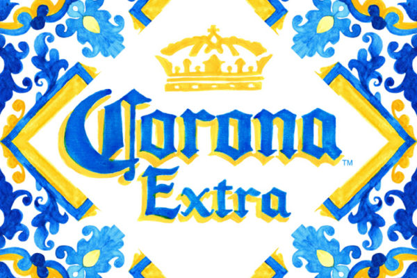 Illustrated Corona Extra logo with crown for beer beverage brand licensing style guides.