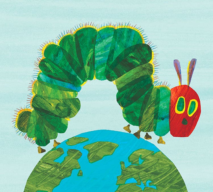 Illustrated The Very Hungry Caterpillar walking over the earth for children's book series brand design assets.