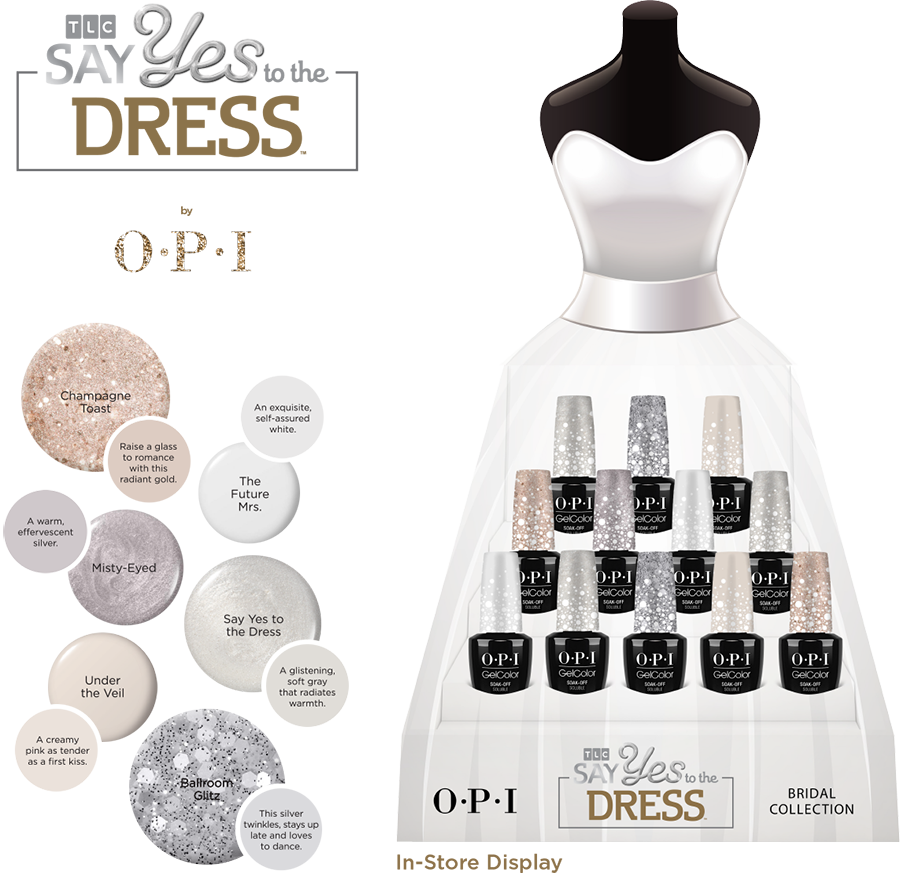 Brand extension design example for the OPI x Say Yes to the Dress brand partnership.