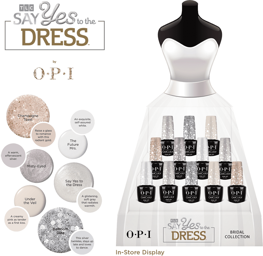 Brand extension design example for the OPI x Say Yes to the Dress brand partnership.