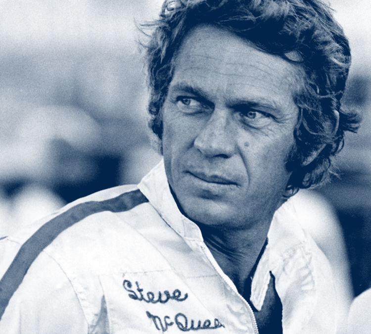 Steve McQueen in racing jacket for celebrity brand licensing style guide.