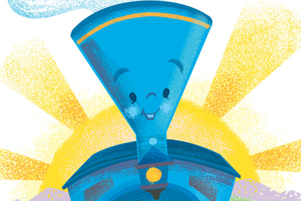 Sunny train illustration for classic children's book brand licensing style guides.