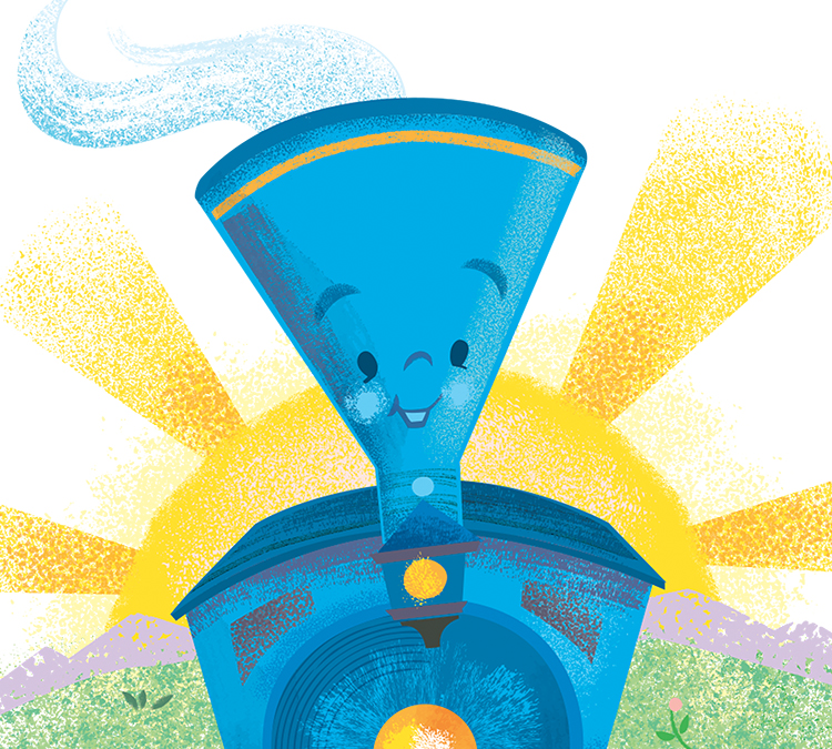 Sunny train illustration for classic children's book brand licensing style guides.