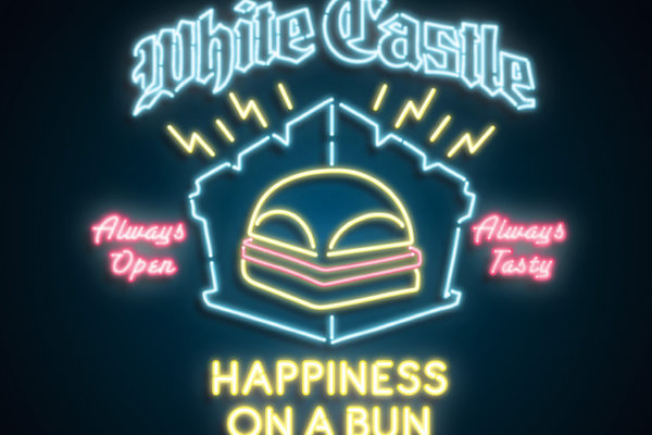 Neon White Castle signage, "Happiness on a Bun," for fast food brand licensing style guides.