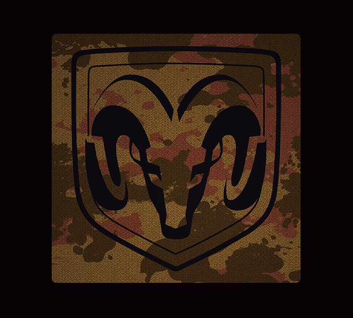 Ram logo over camouflage background for auto brand licensing design assets.