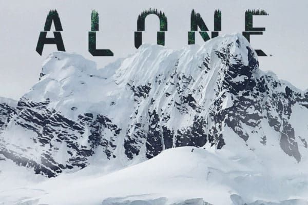Alone TV series wordmark above a snowy mountain for entertainment brand licensing style guides.
