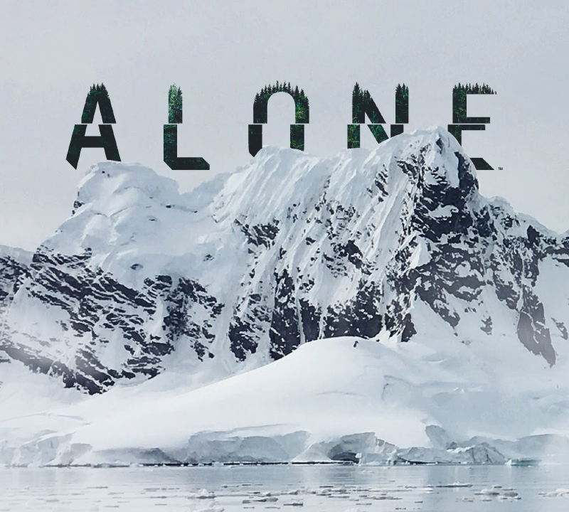 Alone TV series wordmark above a snowy mountain for entertainment brand licensing style guides.
