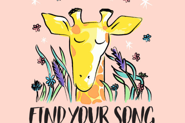 "Find Your Song" illustration for Giraffes Can't Dance children's book brand licensing style guide.