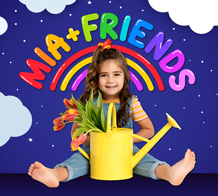 Mia and Friends logo behind smiling child with flowers for brand licensing style guide.
