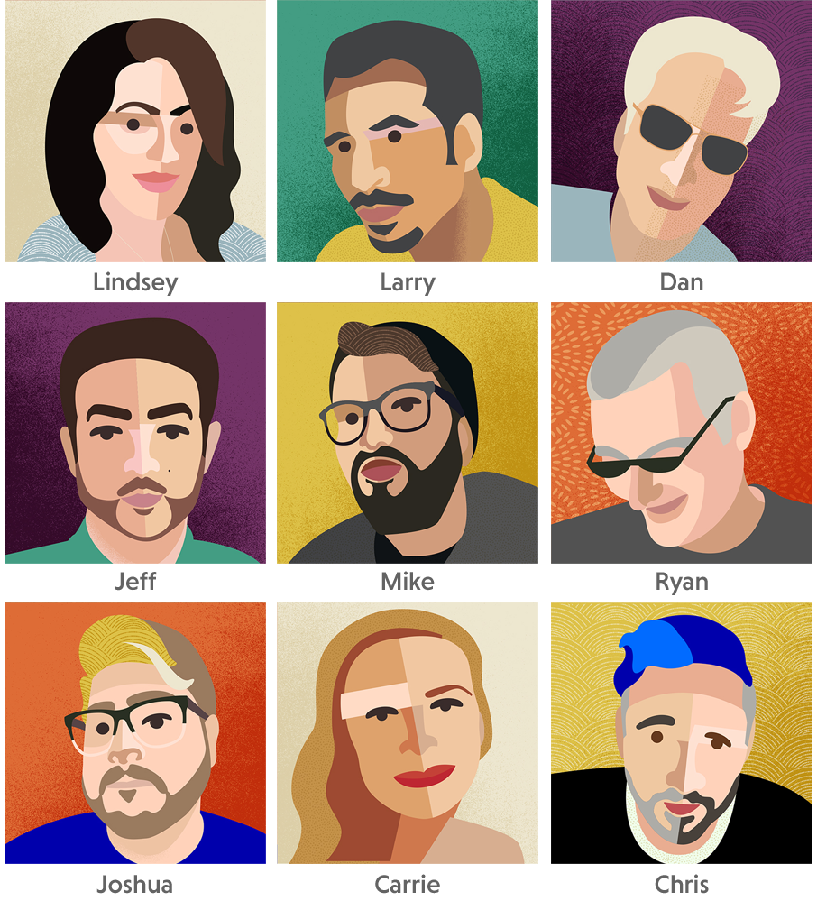 Illustrations of another nine members of StyleWorks' extended branding and licensing design team.