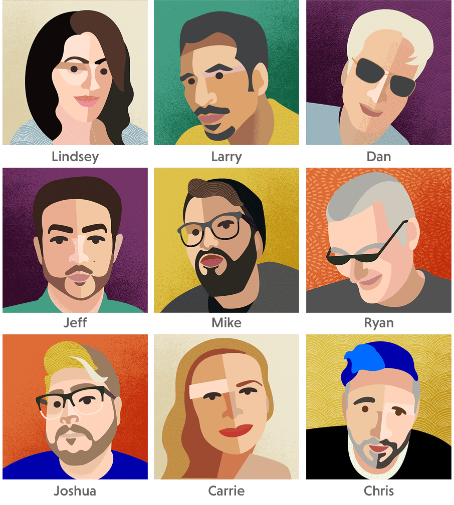 Illustrations of another nine members of StyleWorks' extended branding and licensing design team.