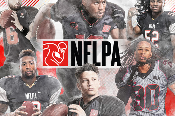 NFLPA logo lockup surrounded by football players for brand licensing style guides and product pitch decks.