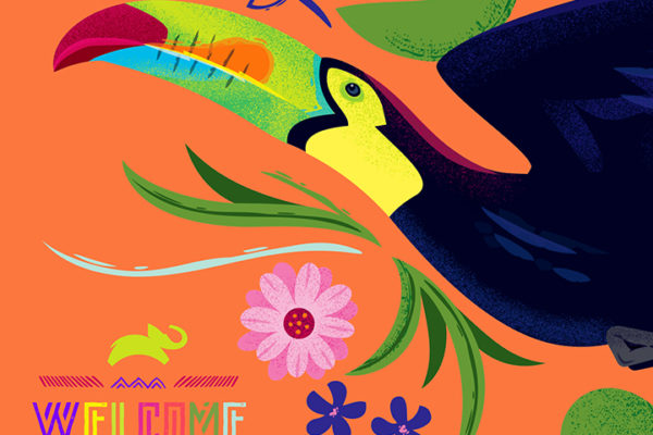 Portfolio: "Welcome" colorful illustrations of toucan for Animal Planet sub-brand licensing style guide.