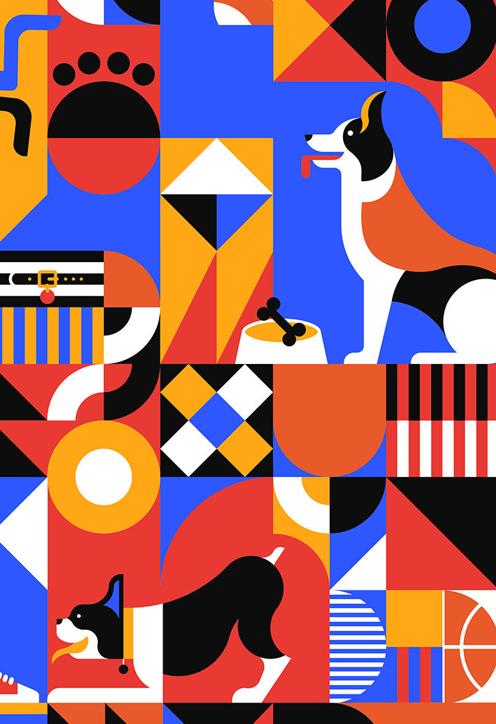 Portfolio: Colorful graphic pattern with dogs and other animals for The Dodo brand licensing style guide.