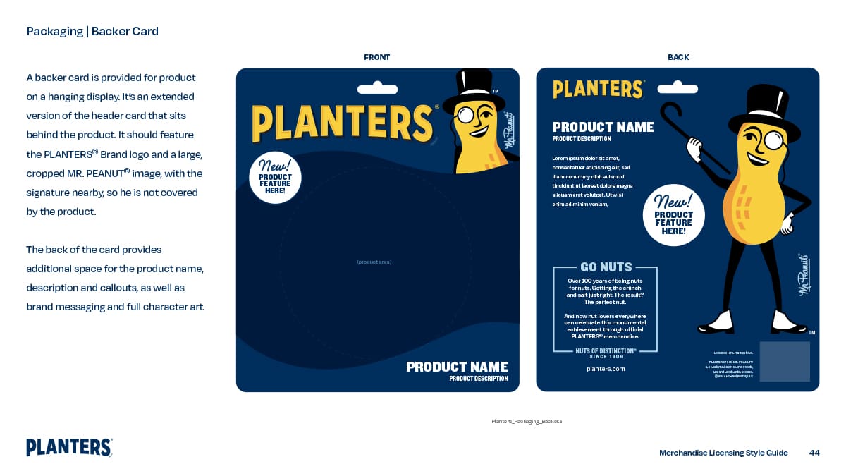 Packaging backer card for Planters merchandise licensing